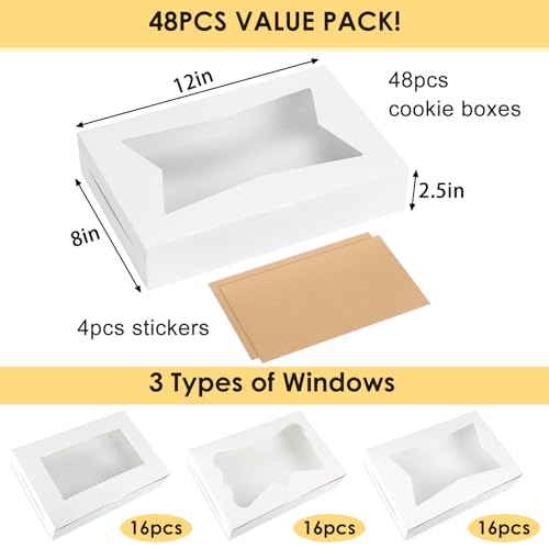 Moretoes 48pcs Cookie Boxes with 3 Style Window, 12x8x2.5In Bakery Boxes