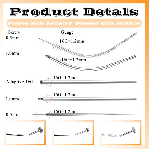 Piercing Taper Ball Grabber Tool for Changing Jewelry - 14G 16G 18G 20G Stainless Steel Flat Back Earrings Applicator Tool Threadless Insertion Pin Thread Body Piercing Kit for Ear Nose Lip - size: (16G)+ Ball Grabber Tool