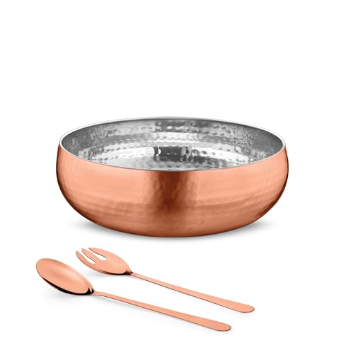 Avador® Set of 3 Premium Stainless Steel Salad Mixing Bowl Hammered Finish | Handmade | Includes Salad Serving Utensils (Rose Gold) - color: Rose Gold