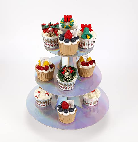 YLDW Cupcake Stand, 3-Tier Cupcake Stand Display, Cardboard Cup Cake Tower Stand, Disposable Dessert Stand for Birthday Tea Party Baby Shower Treat Decorations, Mirror Laser - color: Mirror Laser