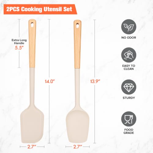 Large Silicone Rubber Spatula Scrapers 14" with Long Wood Handle, 2 Pack - color: Khaki