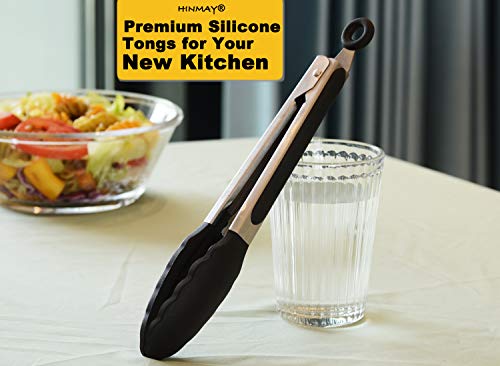 HINMAY 9-Inch Serving Tongs Silicone Tongs, Set of 3 (Black White Gray) - color: Black Gray White