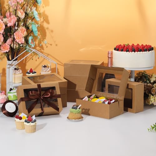 COTOPHER 30Pcs Cookie Boxes with Ribbons, 9x6x3 Inch Brown Bakery Boxes - color: Brown