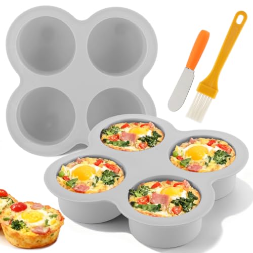 2 Pack Silicone Egg Bite Molds, with 1 Spatula & 1 Brush - color: Gray