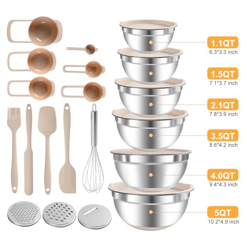 Mixing Bowls with Airtight Lids Set, Non-Slip Silicone Bottoms, Khaki - color: Khaki