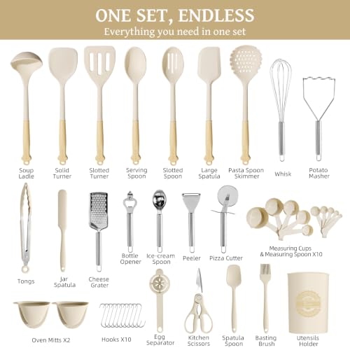Kikcoin 43 PCS Silicone Kitchen Utensils Set, Cooking Utensils Set, Cream - color: Cream