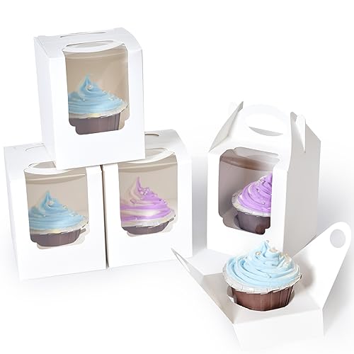 Cupcake Boxes 25 Pcs, Individual Cupcake Carrier White with Window Insert and Handle Pastry Containers Single Muffins Container for Bakery Wrapping Party Favor Packing - color: White, size: 25