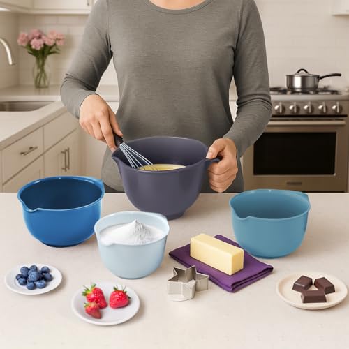 Glad Mixing Bowls with Pour Spout, Set of 4 - Nesting Plastic Bowls (1.2qt, 1.9qt, 2.8qt, and 3qt with Handle) - Non Slip Base, Dishwasher Safe Kitchen Cooking and Baking Supplies, Blue - color: 4pc Blue, size: 4 count