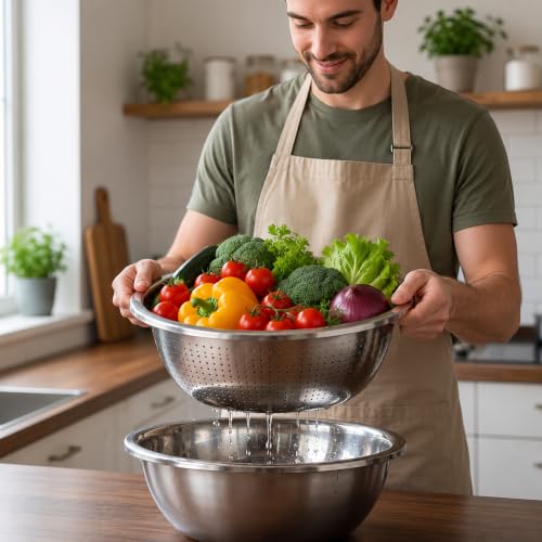 4 Pcs 7 Qt Colander Stainless Steel Set, 2 Bowls & 2 Strainers