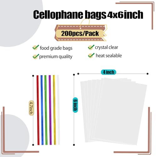 200 pcs Clear 4" x 6" Flat Cello Cellophane Bags Poly Treat Bags 2.8 mils for Gift Wrapping, Bakery, Cookie, Candies, Toast, Dessert, Party Favors Packaging with Color Twist Ties,Heat Sealable Cookie Bags - size: 4x6 Inch (Pack of 200)
