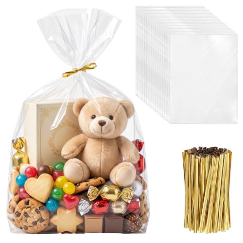 EIHPDEI 250Pcs Clear Gift Bags 12"x16" with 250Pcs Gold Twist Ties