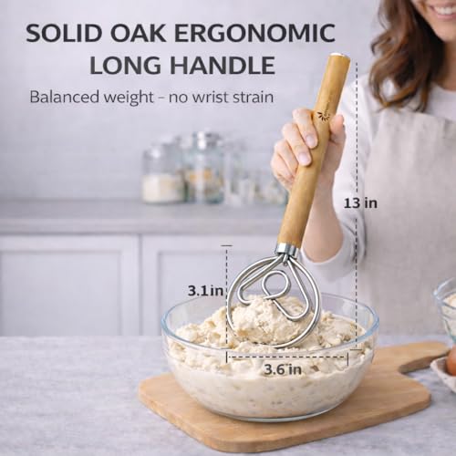 Danish Dough Whisk for Sourdough – Thick Stainless Steel Dutch Whisk with Ergonomic Oak Handle – Heavy-Duty Dough Mixer for Bread & Baking - size: Heart Shape