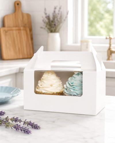 qiqee Cupcake Box Two Holder 6.5x3.6x3.5inch(2.2" Top) 50pcs White 2 Cupcake Boxes With Window - color: White, size: 50Pcs, Two Holder