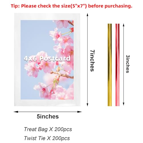 Morepack Cellophane Treat Bags 5x7 In 200 PCS Cookie Bags with Twist Ties - size: 5x7 Inch (Pack of 200)