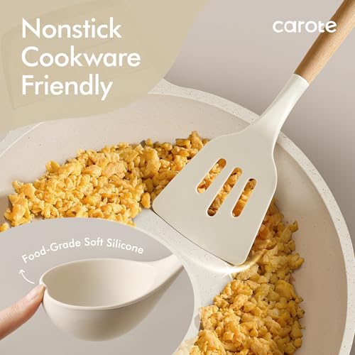CAROTE 22-Piece Cooking Utensils Set with Wood Cool-Touch Handles, Cream - size: 22 PCS