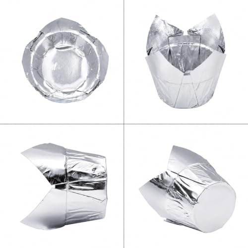 Party Hippo Gold Tulip Cupcake Liners, 100 Count Baking Paper Cups, Greaseproof Cupcake Wrappers for Muffins, Cupcakes, Wedding, Birthday, Baby Shower - color: Silver