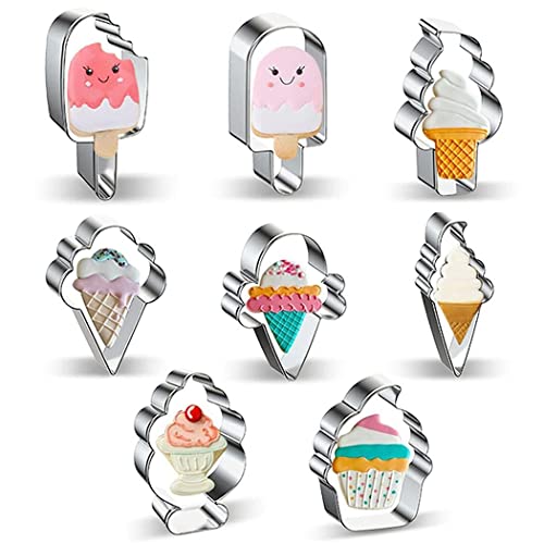 Ice Cream Cookie Cutters 8-Pc. Set, Ice Cream Cutters Stainless Steel Fondant Cutters, Popsicle, Hard and Soft Serve Ice Cream Cone (Cartoon Cookie Cutters Set) - color: Ice Cream Sets
