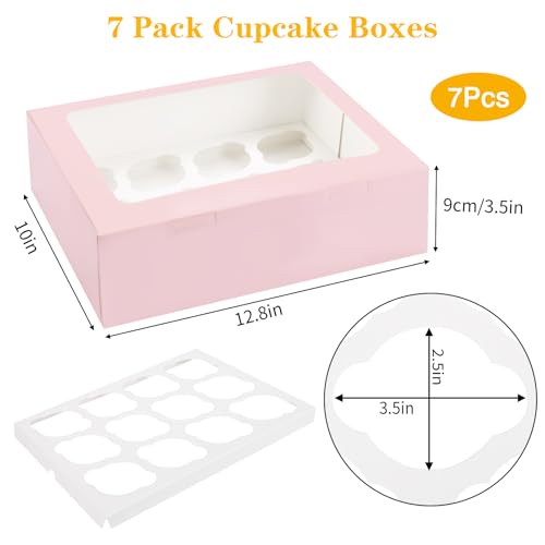 Moretoes 7PCS Pink Cupcake Boxes with Window(12 Count Cupcake Containers) - color: Pink, size: 12.8*10*3.5inch