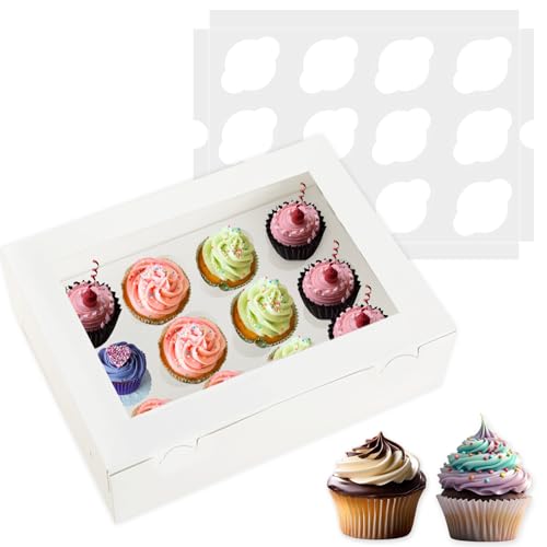 18 Pack Cupcake Boxes Hold 12 Standard Cupcakes, 13 x 10 x 3.5 Inch Paper Dozen Cupcake Containers Bulk with Window and Inserts, Disposable Bakery Pastry Carrier for Muffins, Cookies, White