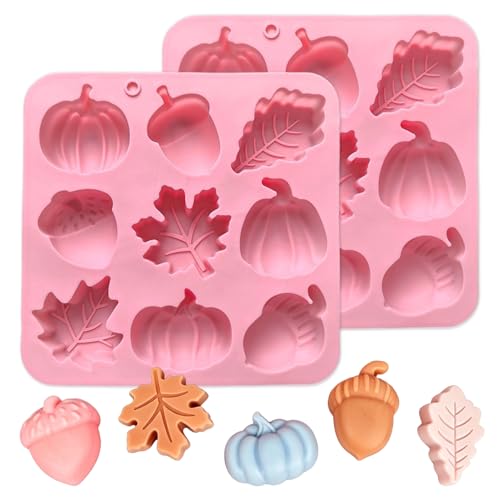 2 Piece Fall Silicone Molds for Chocolate, 3D Maple Leafs Acorns and Pumpkins Shape Autumn Silicone Mold Large Size 18-Cavities Candy Moulds for Thanksgiving Harvest Theme Candy Pudding Jelly Making - color: Fall Styl 50