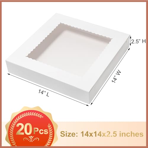 Mefleet 20Pcs 14x14x2.5 Bakery Boxes with Window Pie Pastry Boxes White