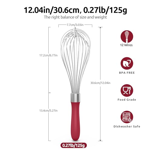 U-Taste Wire Whisk for Cooking, 18/10 Stainless Steel Balloon Wisk, L/Red - color: Red, size: Large