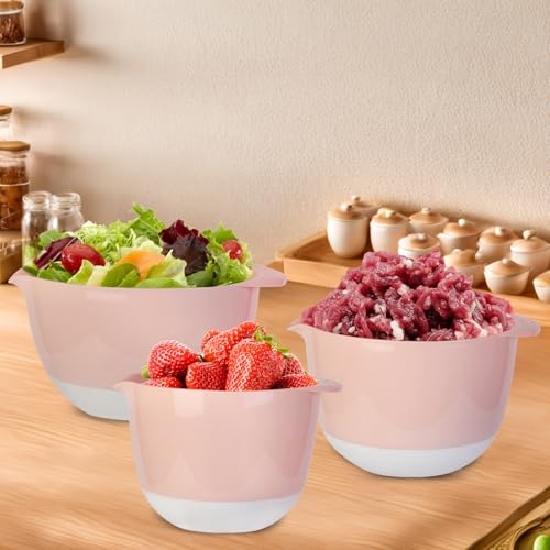 3 Small Mixing Bowls Set with Lids,Grips,Pour Spout and TPR Bottom, Plastic Nesting Bowl Use for Kitchen Cooking-Prep,Serving,Baking Bread Cake,Pancake,Non-slip,3Qt,2Qt,1.5Qt,Pink - color: Pink