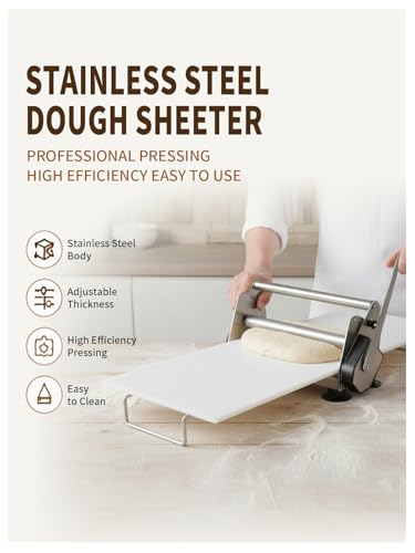 304 Stainless Steel Fondant Dough Sheeter with 23.62" x 11.81" Sheeter Board, fondant non-stick roller, Manual Dough Roller with 1-20mm Adjustable Thickness