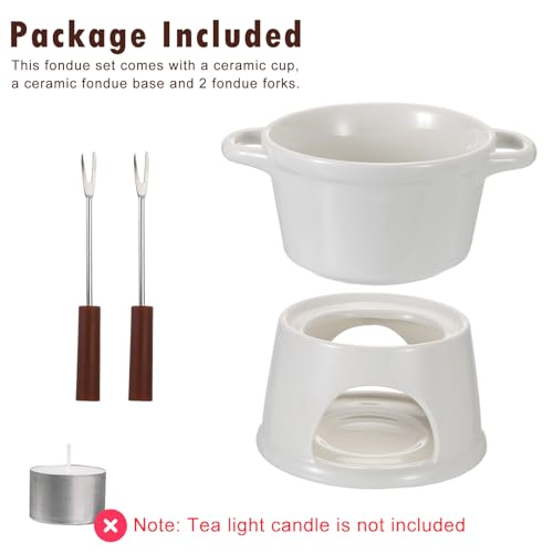 BSTKEY 300ML Ceramic Butter Warmer Set with 2 Forks, White Fondue Pot Melting Pot Set, Melt Hot Pot Bowl Set for Cheese Chocolate Butter Caramel - color: White