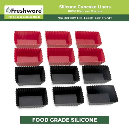 Freshware Cupcake Liners, Pack of 12 Silicone Muffin Cups, 2.8 Inch Baking Cups, Reusable & Non-stick Cupcake Liners for Party Halloween Christmas, Rectangular - color: Red & Black Rectangle [12-Pack]