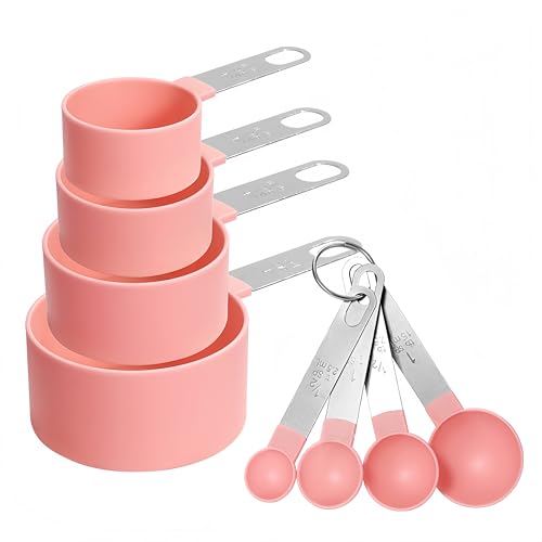 8 Pcs Measuring Cups and Spoons Set, Includes 4 Stainless Steel Nesting Measuring Cups & 4 Mini Measuring Spoons,Stackable Handle Accurate Tablespoon for Measuring Dry and Liquid Ingredients(Pink)