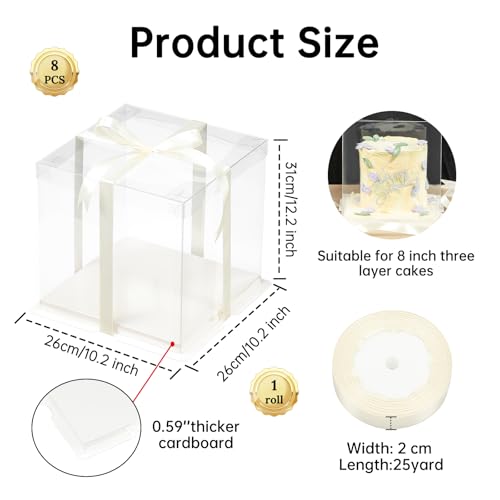 8 Pcs Clear Gift Box with Ribbon 3-Layer 10x10x12 Inch, Transparent Cake Carrier Box with Lids, PET Tall Cake Packaging Boxes, Clear Gift Boxes for Birthday,Wedding and Festival Party - size: 10*10*12 in