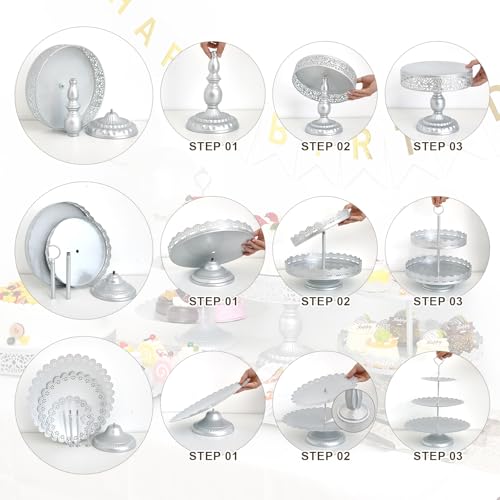 11Pcs Silver Cake Stand Set, Metal Dessert Table Display Set - color: Silver