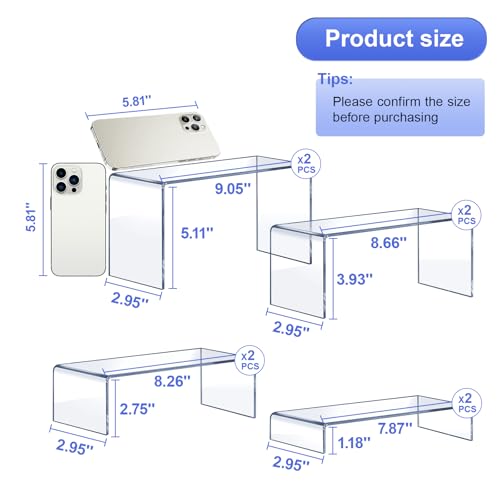 Acrylic Risers 8 Pcs (2 Sets), Clear Display Stands, 4 Sizes