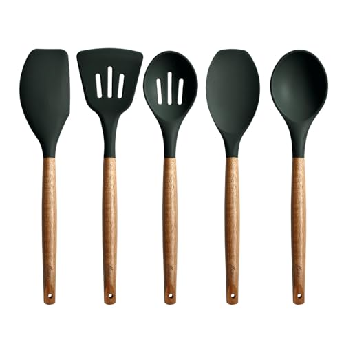 Non-Stick Silicone Cooking Utensils Set with Natural Acacia Hard Wood Handle, 5 Piece, High Heat Resistant (Green) - color: Green