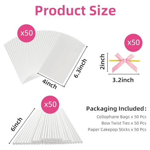 Roxjaejae 150 Pcs Cake Pop Kit, Paper Cake Pop Sticks with Clear Cellophane Bags and Pink Bow Twist Ties, Cake Pops Making Tools for Lollipops, Candies, Chocolates, Cookies, DIY Desserts