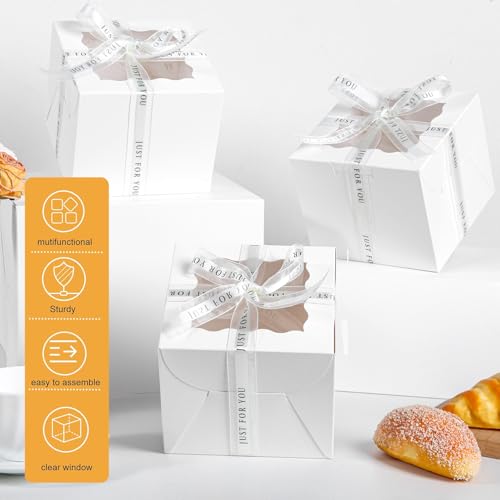 JCD 48pcs Bakery Boxes with Window,6x6x5in Small Bento Cake Box, Mini Cake Boxes sets cake within 6'' (24 Boxes & 24 Boards), Package for Pastries, Cupcakes, Birthday, Wedding(6 * 6 * 5inch/24sets) - size: White 6*6*5inch/24sets