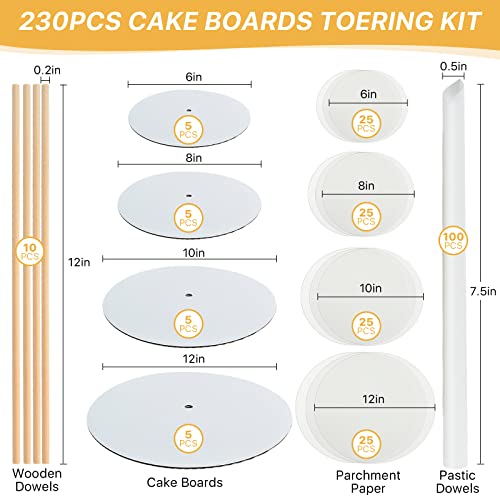 230PCS Cake Tier Stacking Kit, 12, 10, 8, 6-Inch Cakes Cardboard Rounds with Parchment & Wooden/Plastic Cake Dowels, for Wedding, Birthday Party Cakes and Dessert Displays