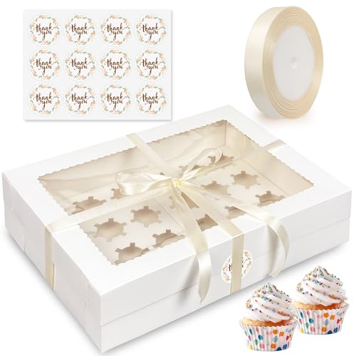 MUMULULU 6PCS Mini Cupcake Box Holds 24 Mini Cupcakes White Bakery Boxes with Window Silk Ribbon Sticker included