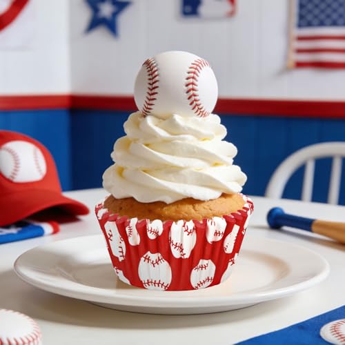 JarThenaAMCS 300Pcs Baseball Cupcake Liners Paper Baking Cups Blue Red Standard Muffin Cupcake Wrappers for Sports Fans Birthday Baby Shower Party Supplies - style: baseball