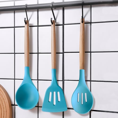 Kitchen Utensils Set 6-Piece Non-Stick Silicone Cooking Utensils Set, Wood Handle Heat Resistant Spatula Spoon Turner Ladle Pasta Server Cooking Kitchen Gadgets BPA Free for Nonstick Cookware - color: Light Blue, size: Standard 6-Piece Set