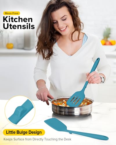 BUNDLEPRO Silicone Spatula, Solid & Slotted Turner, One-Piece, 2 Pack, Blue - color: Blue