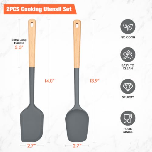 Large Silicone Rubber Spatula Scrapers 14" with Long Wood Handle, 2 Pack - color: Gray