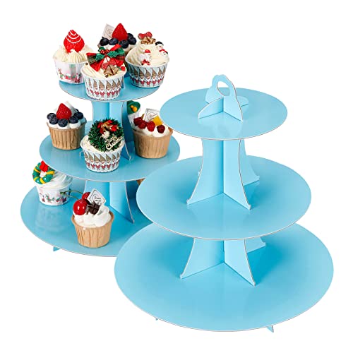 YLDW Cupcake Stand, 3-Tier Cupcake Stand Display, Cardboard Cup Cake Tower Stand, Disposable Dessert Stand for Birthday Tea Party Baby Shower Treat Decorations, Baby Blue - color: Light Blue