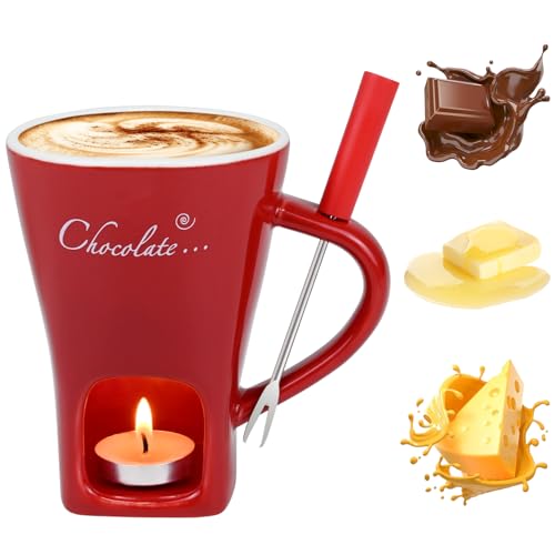 Sweet Fondue Cup Set, Chocolate Fondue Mug with 1 Fork and 4 Candles, Personal Ceramic Chocolate Melting Cup, Chocolate Fondue Cup, Ideal Gifts for Date Night, Birthday, Wedding (Red) - color: Red