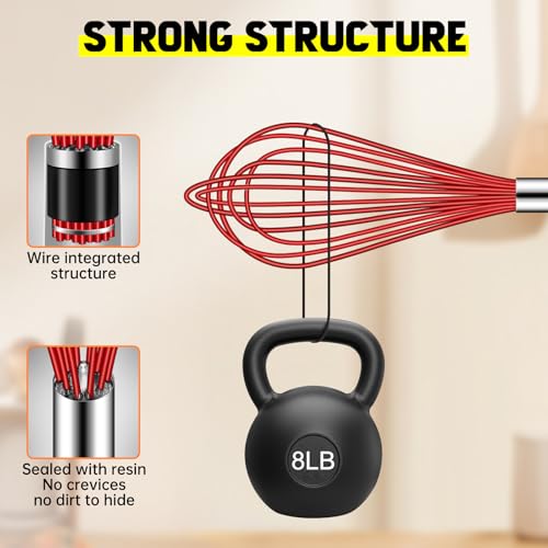 HOTEC 4Pcs Silicone Whisk Set, Wire Balloon Whisks for Cooking Egg Beater - color: Red,Silver