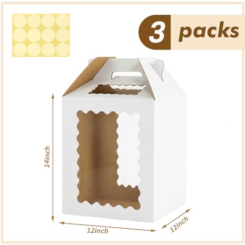 3 Pack 12in Tall Cake Boxes for Tier Cakes, 12x12x14 Inch Tiered Cake Box,Tall Cake Carrier with Window, 10in 12in Large Tierd Bakery Take Out Transport Containers with Handle - color: 12x12x14in-3P