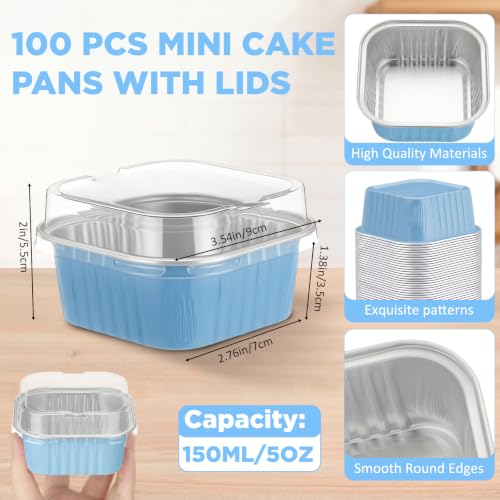 Skylety 100 Pcs 5oz Mini Square Cake Pans with Lids, Sky Blue - color: Sky Blue