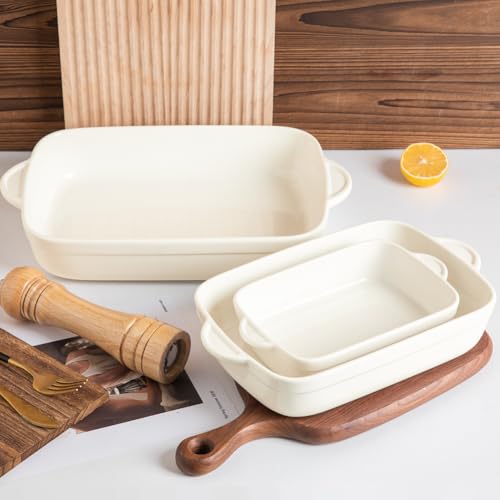 Sweejar Casserole Dishes for Oven, Ceramic Bakeware Set of 3, Lasagna Pan Deep with Handle, Rectangular Baking Pan Set, 9x13 Baking Dish for Cooking, Banquet and Daily Use (Beige) - color: Beige, size: 9x13 Baking pan