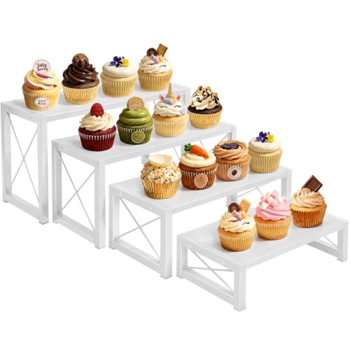 ELITEROO Tiered Display Stand, Wooden 4 Tier Display Risers, Nesting Cupcake Stand for Dessert, Food, Cupcake, Collectibles, Buffet Table, and Market Vendor Events Retail Shelf Organizer, White - color: 4 Tier, White